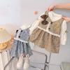 Autumn Sweet Bow Baby Girl Dress Simple Checkered Long Sleeved Children'S Clothing Suitable Babies
