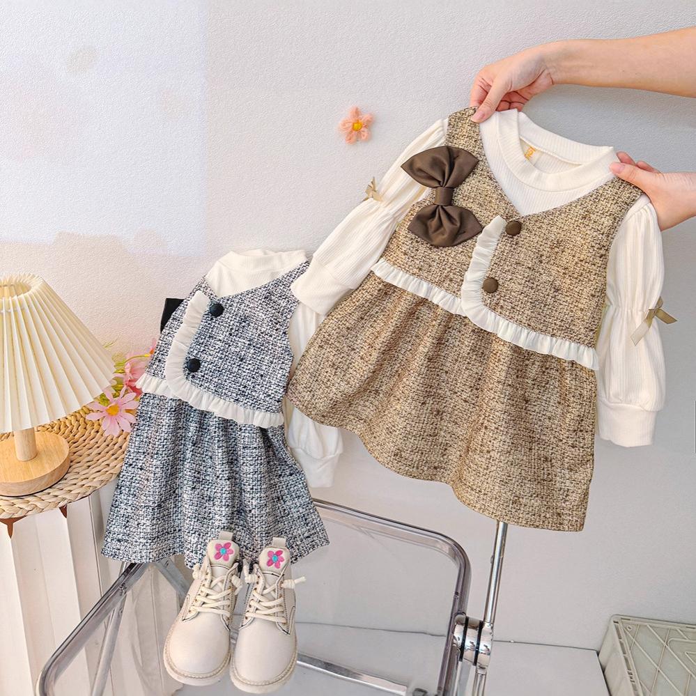 Autumn Sweet Bow Baby Girl Dress Simple Checkered Long Sleeved Children'S Clothing Suitable Babies