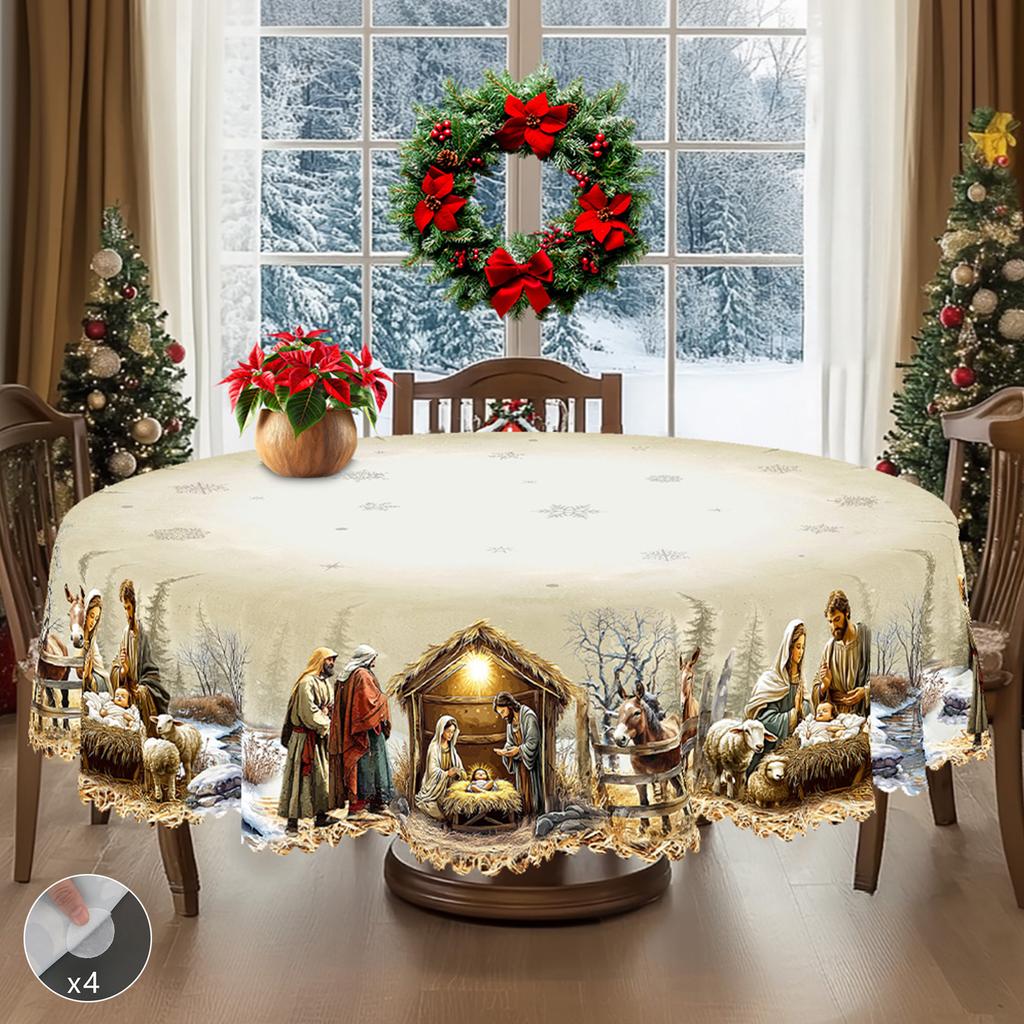 1 Piece Of Christmas-Themed Gold-Printed Tablecloth, Vintage Country Farmhouse Style, Nativity Scene Pattern Design, Suitable For Christmas, New Year'