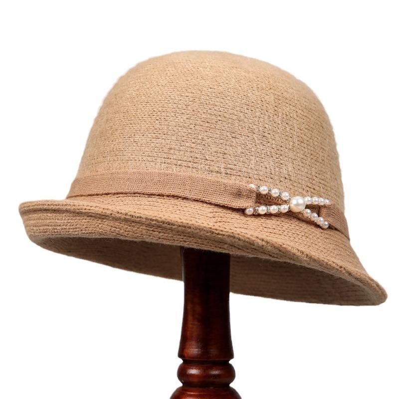 Pearl Warped Edge Fisherman's Hat for Women, Versatile In Autumn and Winter, Showing a Small Face and Cold-proof Middle-aged Basin Hat