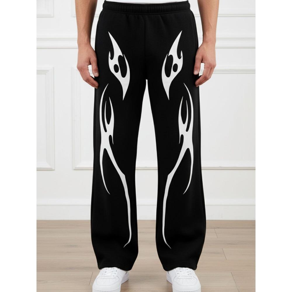 Black and White Contrasting Flame Totem High Street Style Pull Loose Wide Leg Unisex Sports Pants