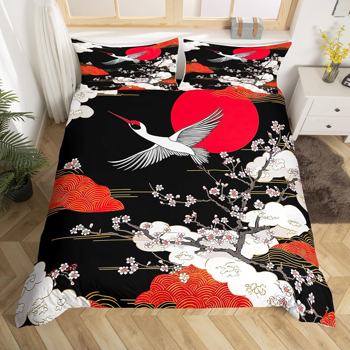 Monika Chen Unisex Crane Duvet Cover Set Japanese Style Bedding Set With Pillowcases Girly Bedroom Decor Cherry Blossoms Pattern Comforter Covers
