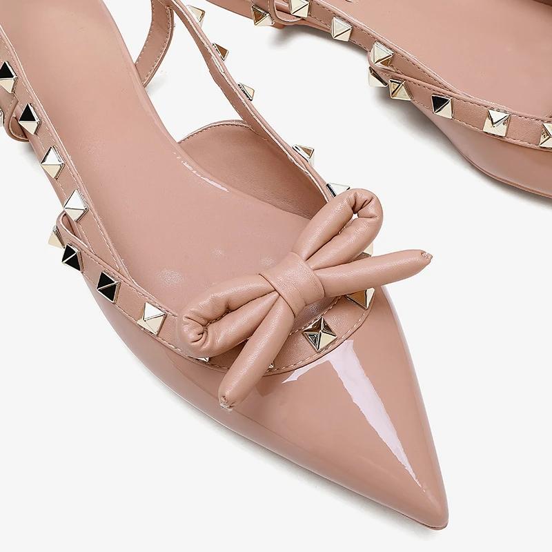Fashion New Summer Rivet Bownot Solid Color Flat Sandals Fashionable Pointed Versatile Temperament Commuting Shopping Single Shoes 34-41