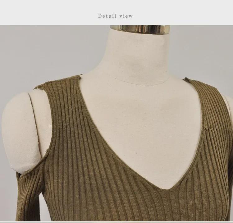 Ribbed High Elastic V-Neck Off-Shoulder Sweater Dress - Korean Style 2023