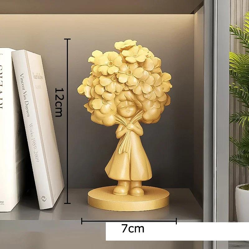 

Bouquet Girl Figures Statue Delicate Wood Carving Ornaments Desk Decoration Lovely Character Sculpture Room Aesthetic Decor