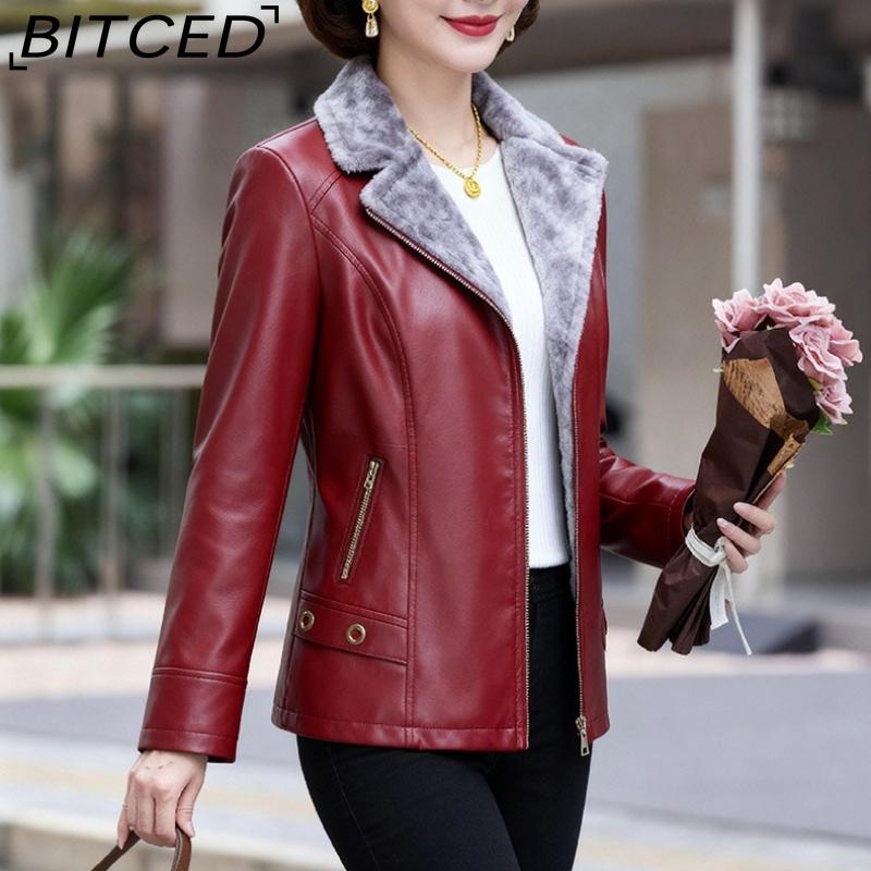 BITCED PU Leather Jacket Casual Plus Size Fleece-Lined Thickened Middle-Aged and Elderly Leather Jacket