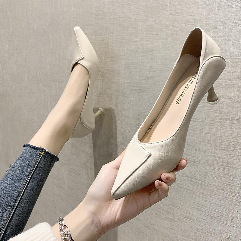 2025 Spring and Summer New High Heels Women's Versatile Women's Shoes Light Mouth Thin Heel Pointed Single Shoes Professional Work Single Shoes