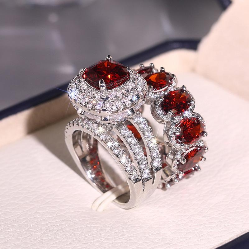 2 Stück/Set Silberfarbenes Ring-Set mit rotem Stein Ehering Valentinstags-Schmuck