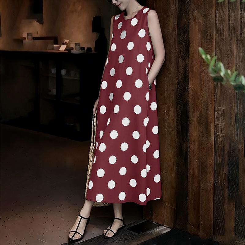 ZANZEA Women Casual Round Neck Polka Dot Print Loose Sleeveless Dress