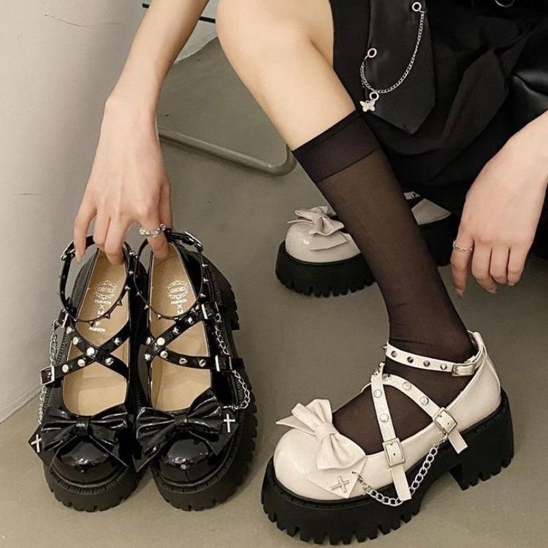 Punk Style Lolita Shoes Fashionable Rivet Design Shallow Mouth Leather Shoes for Women Summer Bow Thick Soled Tall Single Shoes