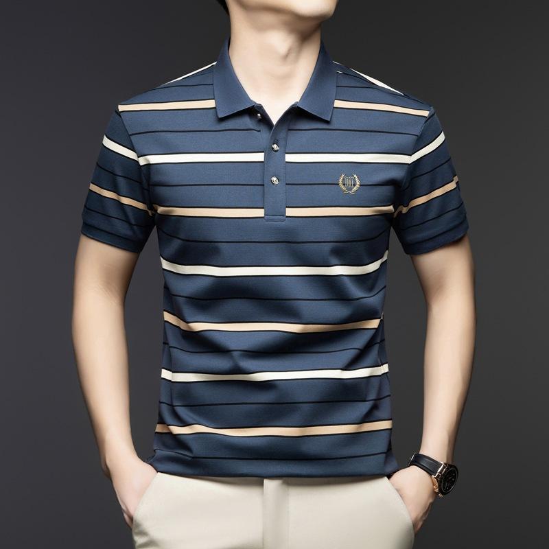 Short Sleeve Polo Shirt Striped Business Casual Lapel Men'S Thin Medium Blue T-Shirt Bottom Shirt Top Clothes