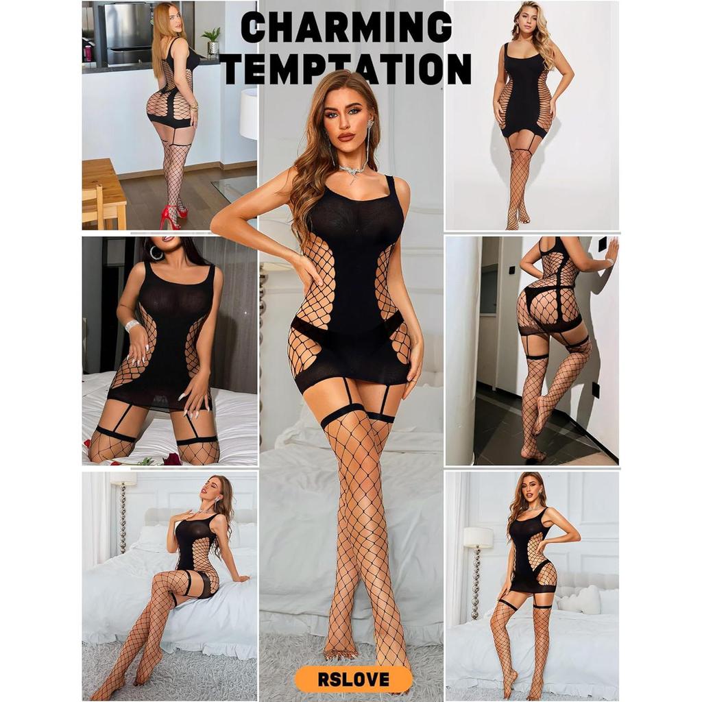 Babydoll Lingerie for Women Chemise - Fishnet Bodysuit Womens Sleepwear with Stocking Sexy Dress Bodystocking One Size