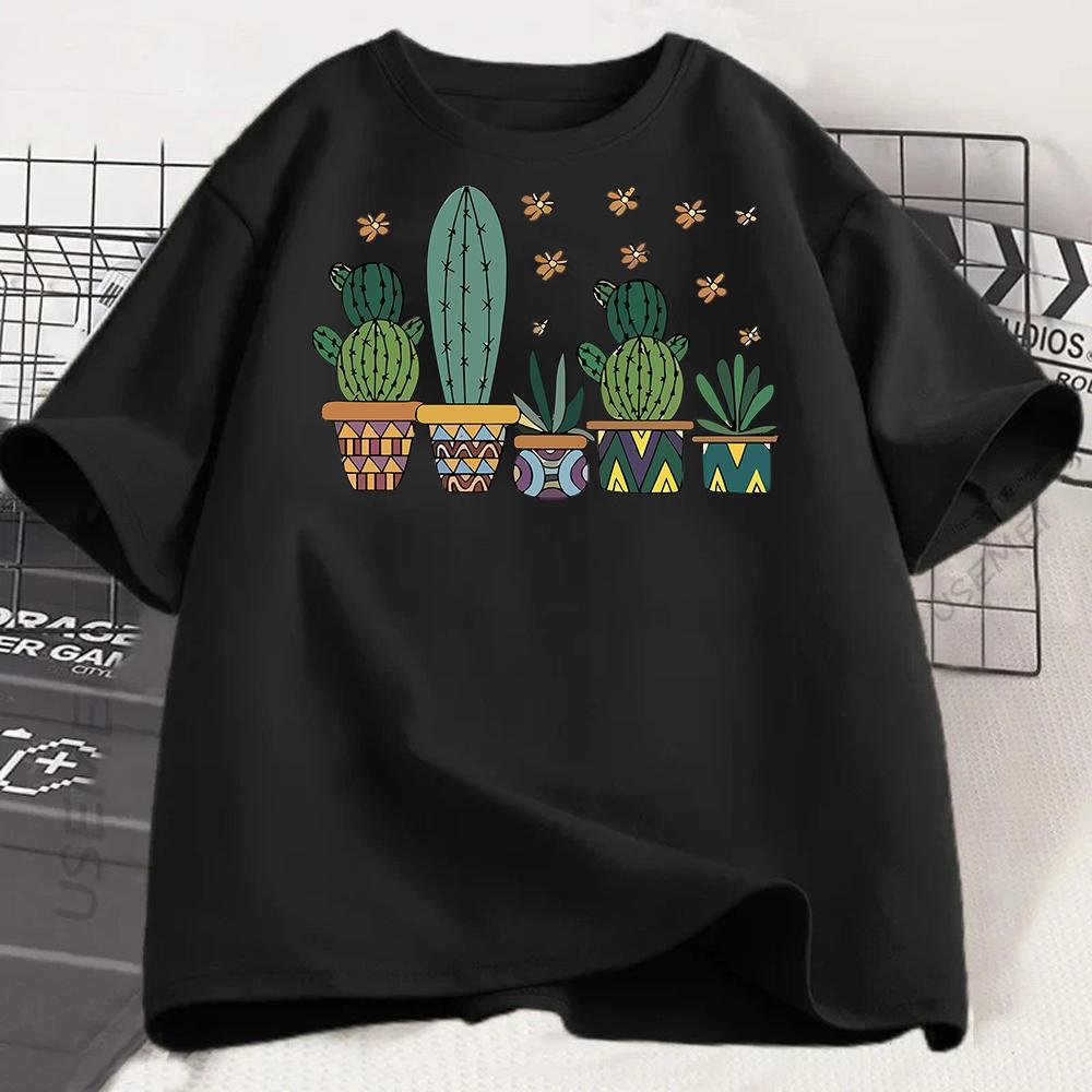 Y2k Top Casual TShirt Fit Unisexs Fashion Short Sleeve TShirt Cactus Print Round Neck Tee Daily for Summer Unisex Clothing