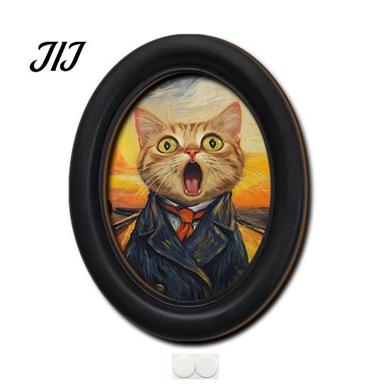 Decorative Wall Accents for Living Room Abstract Art Cat Decor, Oval 2D Wood Framed Funny Painting Unique Prints Print, Vintage Ornament Bedroom Home