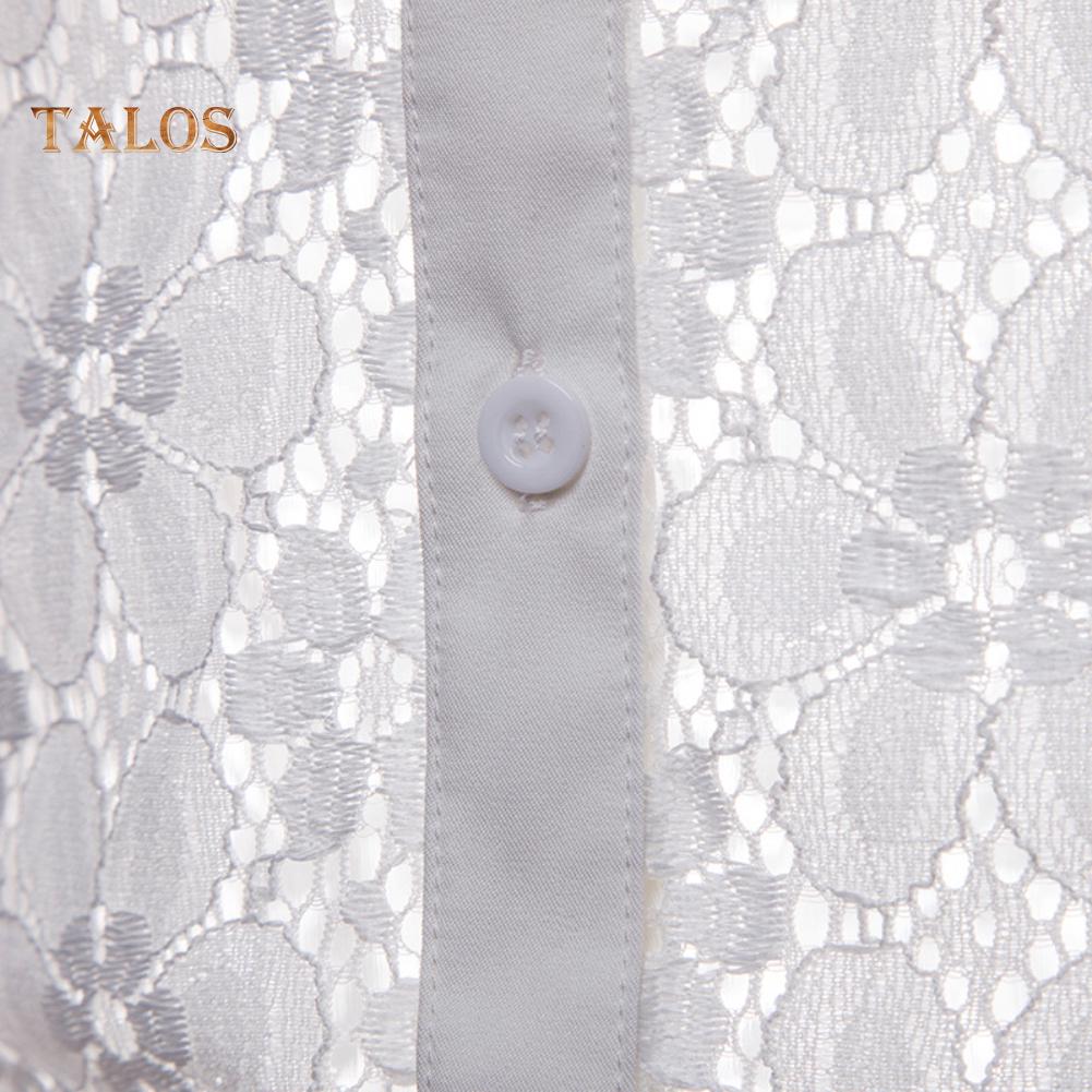 Men Sexy Long Sleeve Solid Color Lace See Through Clubwear Buttons Down Shirt