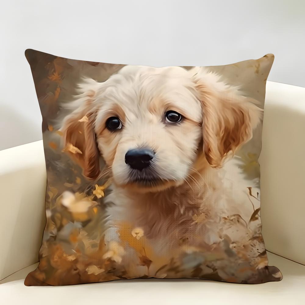 Cute Puppy Cartoon Kawaii Cushion Cover Natural Linen Organic Fabric DoubleSided Printing Room Sofa Decor Pillow Case