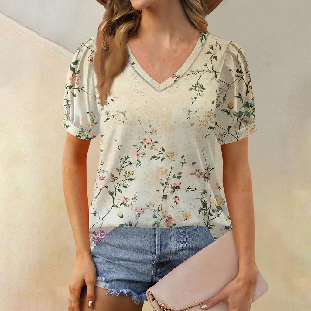 Dámská móda Květinový potisk Top Krátký balónkový rukáv Výstřih do V Volné ležérní tričko
