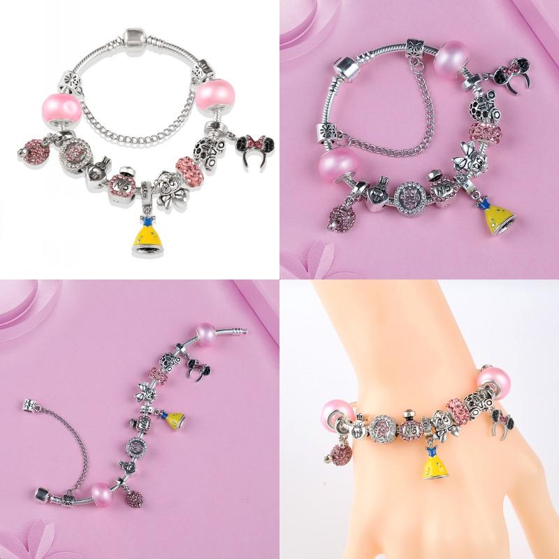 Potdemiel Pink Enamel Crystal Minnie Charm Bracelets Silver Color Heart Cartoon Bead Jewelry for Women Girl Gift