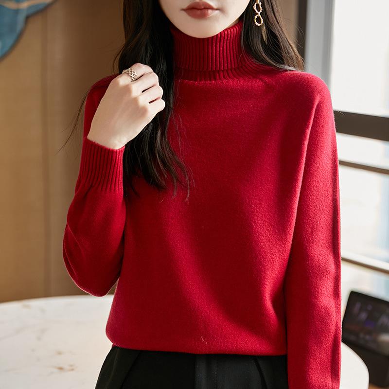 

Вязаный свитер с высоким воротником, Женский осенне-зимний новый свободный базовый слой, Пуловер, Короткий топ с длинными рукавами для базового слоя XXL вишня