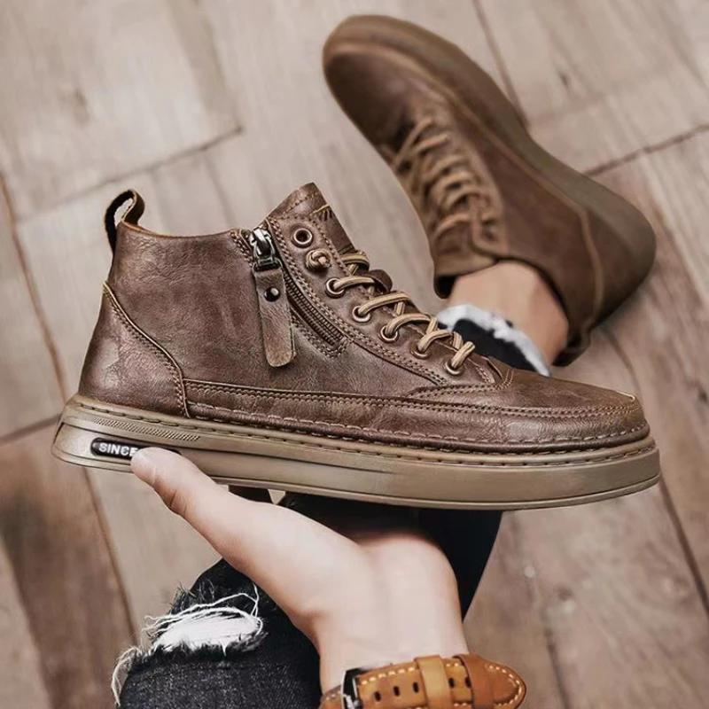 Fashion Handmade Leather Casual Shoes for Men Design Sneakers Man Comfortable High Top Boots Men's Loafers Platform Driving
