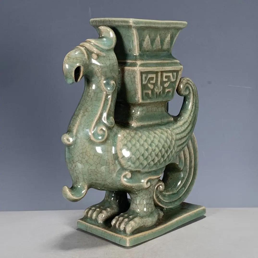 

Chinese Antique Song Ru Kiln Porcelain Phoenix Head Ceramic Vase Ornaments Home Room Accessories Items Office Desktop Decoration