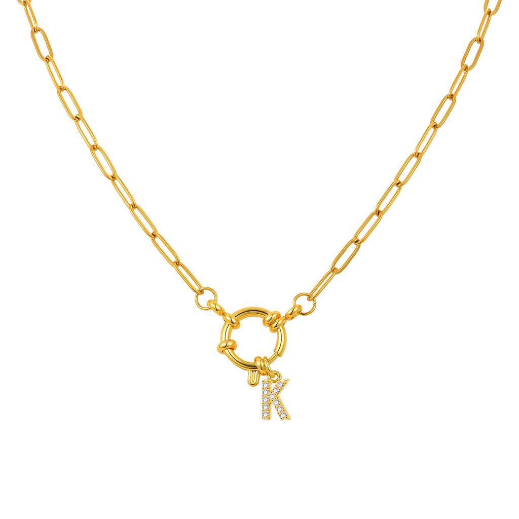 Stainless Steel Plated 18K Gold Stylish Simple Small Square Chain Bubble Buckle Copper 26 Letter Necklace Nc-1887