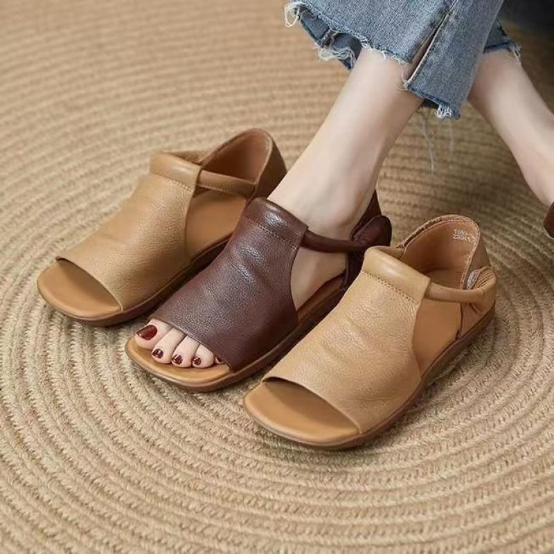 Sommer Damenschuhe Peep Toe Flach Retro Weich Atmungsaktiv Bequem Lässig