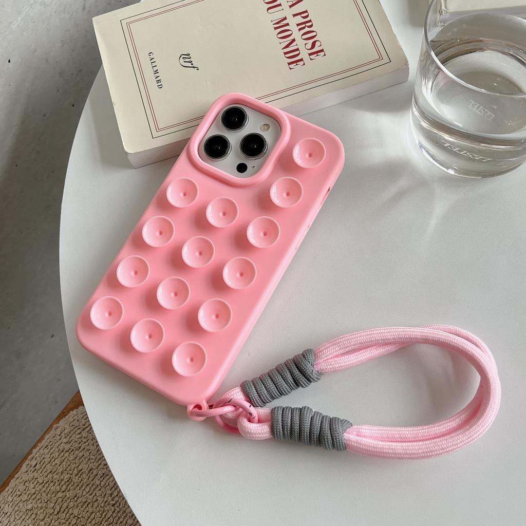 Fashion 3D Cute Candy Liquid Silicone Suction Cup Case For iPhone 16 15 14 Plus 11 12 13 Pro Max Soft Lanyard Wrist Strap Cover