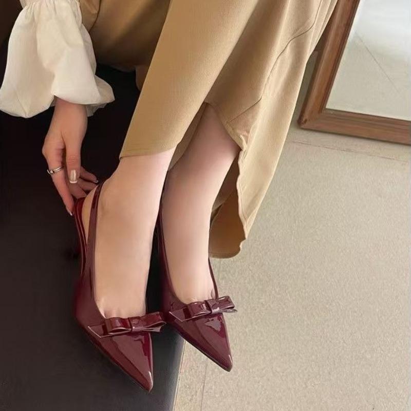 Fashion Fashion Stiletto Pointed Toe One Bow Shallow Single Shoes Back Trip Strap Slingback High Heel Sandals for Women