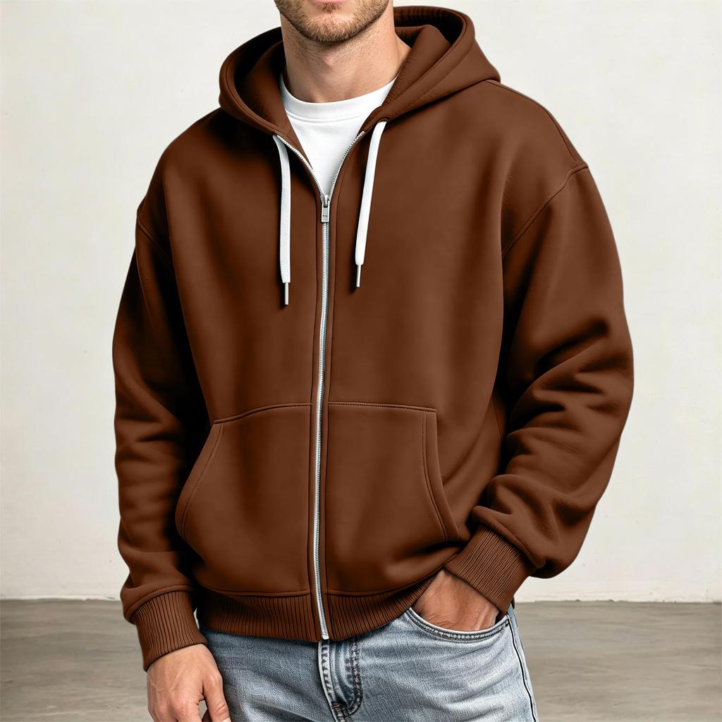 Men's Full Zip Hoodie Drop Shoulder Sleeves, Casual Long Sleeve Sweatshirt for Everyday Wear