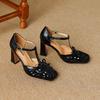 Krazing Pot Paillettenstoff Quadratische Zehenpartie Größe 41 High Heels Bling Glänzend Party Hochzeitsschuhe Herbst Schleife Pumps