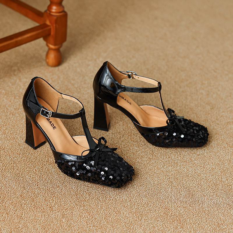 Krazing Pot Paillettenstoff Quadratische Zehenpartie Größe 41 High Heels Bling Glänzend Party Hochzeitsschuhe Herbst Schleife Pumps