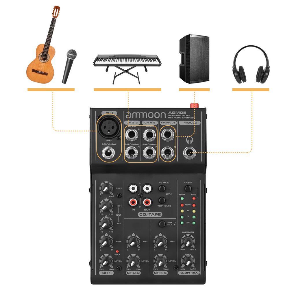 Ammoom AGM05 5-Channel Mini Mixer Mixing Console USB Audio Interface Plug-and-Play +48V Phantom