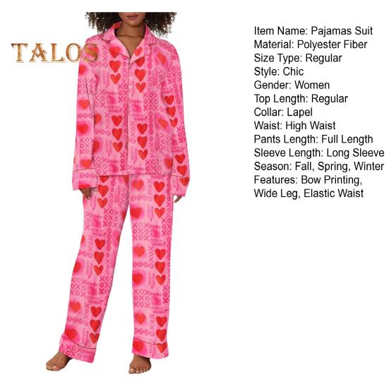 2-teiliges Set mit Schlafanzug für den Valentinstag, Revers mit Schleife und Knopfleiste, Langarmhemd, elastische Taille, Hose mit weitem Bein, Homewear, lässiges Outfit, Frühlingsnachtwäsche