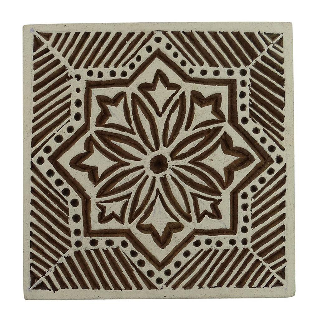 Square Shape Wooden Block Floral Print Printing Textile Stamp On Apparel
