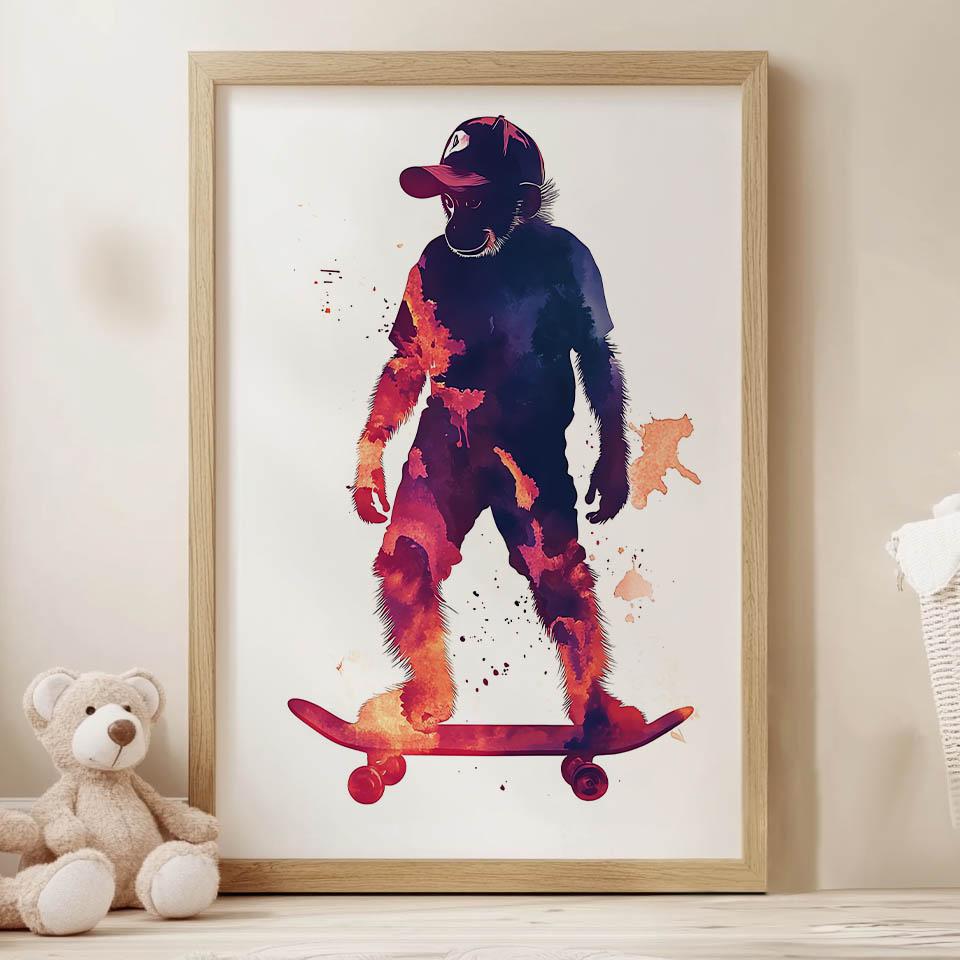 Poster Monkey On a Skateboard Poster Monkey On a Skateboard, 50X70 Cm, Dark Brown Wooden Frame, 230 Gsm Matte Paper