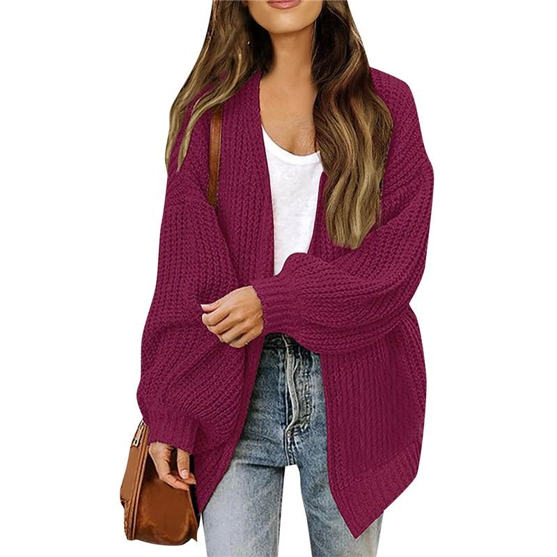 Women's Lantern Sleeve Thick Needle Cardigan New Pocket Knitted Sweater Women's Jacket