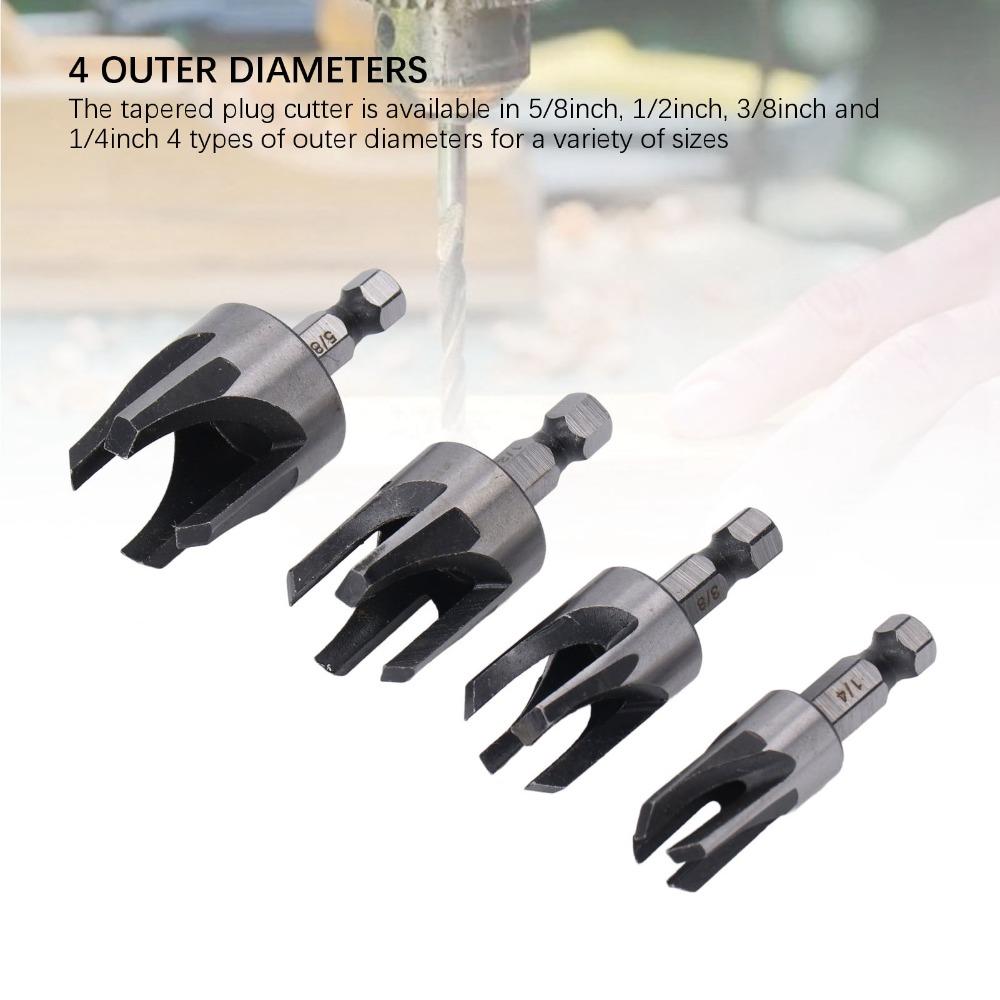 4pcs 1/4in Hex Shank Wood Dowel Drill Set Claw Type Hole Saw Kit Tapered Plug Cutter Woodworking