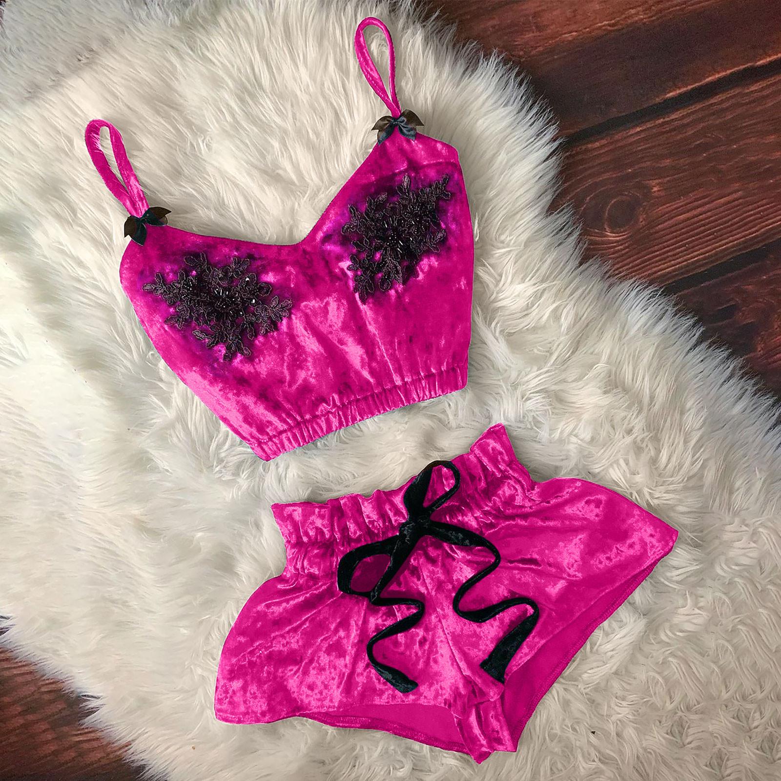 

Женская пижама с v-образным вырезом и бисером, сексуальная пижама с бантом и шортами, комплект M горячий розовый