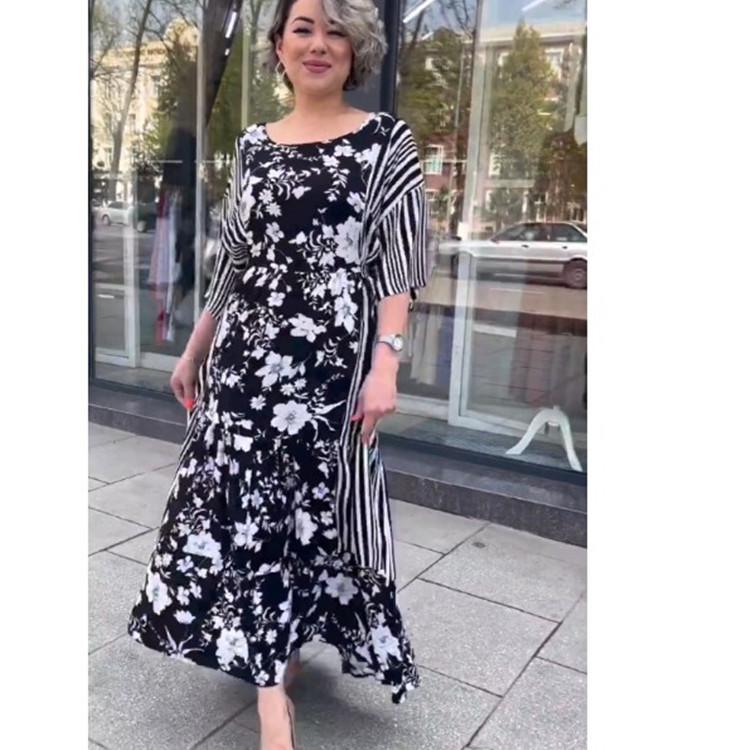 2023 Summer Floral Women's Long Dress with Waist Cinch, Round Neck, and Half-Sleeves - European and American Style