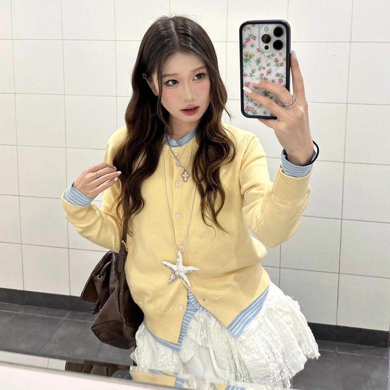 

Корейский преппи пэчворк кардиган свитер - Желтый вязаный топ-двойка для женщин на раннюю весну One Size жёлтый