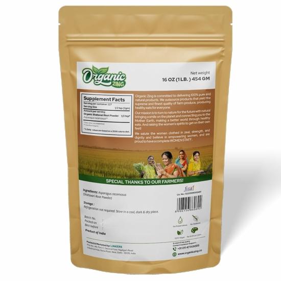 Organic ZING Shatavari Powder, sourced from India. Natural wellness and support in a 454g pack (1 unit)