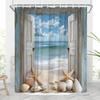 Beach Coastal Shower Curtain Rustic Barn Door Sea Waves Ocean Seascape Landscape Starfish Seashell Nautical Turquoise Tropical