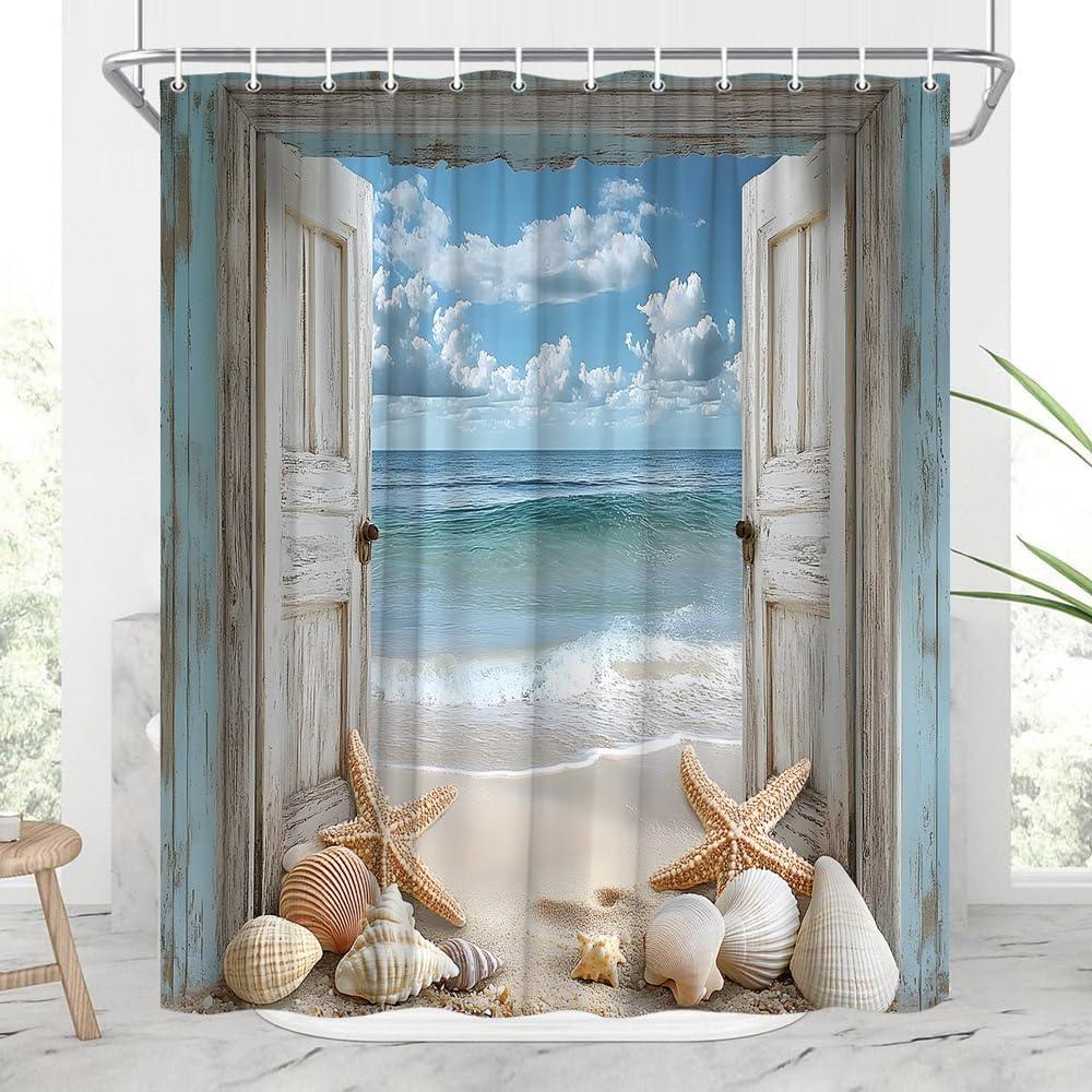 Beach Coastal Shower Curtain Rustic Barn Door Sea Waves Ocean Seascape Landscape Starfish Seashell Nautical Turquoise Tropical