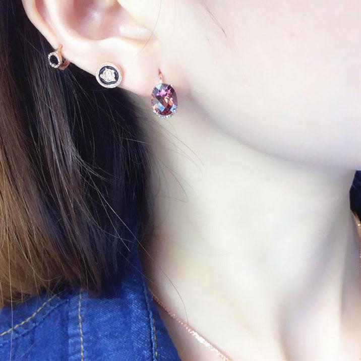 Purple Gold-Plated Rose Gold Inlaid With Smoke Blue Stone Egg Surface Temperament Style Fashion Trend Colored Gold Ear Buckle