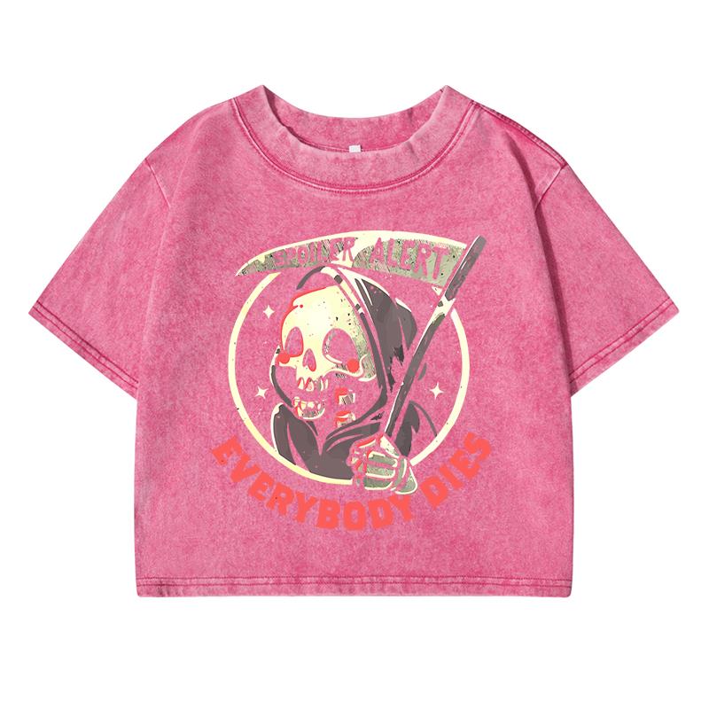 

Cartoon Cute Little Skull Printing Female Washed Short T-Shirt Fashion Casual Street Tops Summer Loose Distress Clothes M