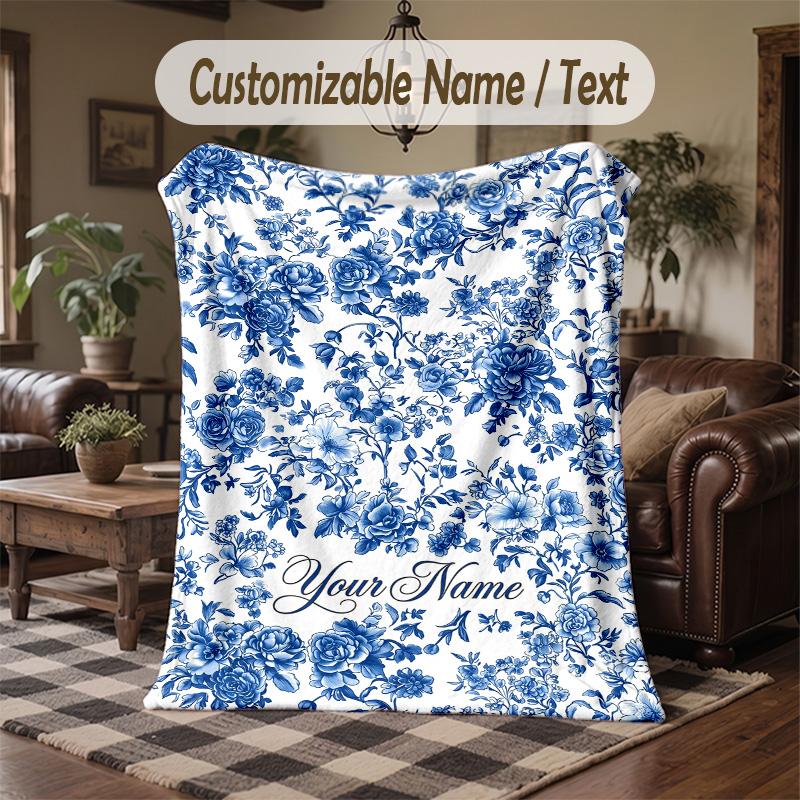 Blue Floral 1 Theme Throw Blanket Custom Name Text Personalized Blanket Soft Cozy Blanket for Home Sofa Bed