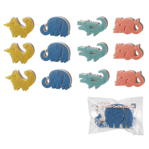 Set of 12 Animal Kitchen Sponges. Cute Animal Sponge Set with Thank You Stickers. Hang Them from Your Faucet for Cute Storage. Includes 3 Foxes, 3 Ele