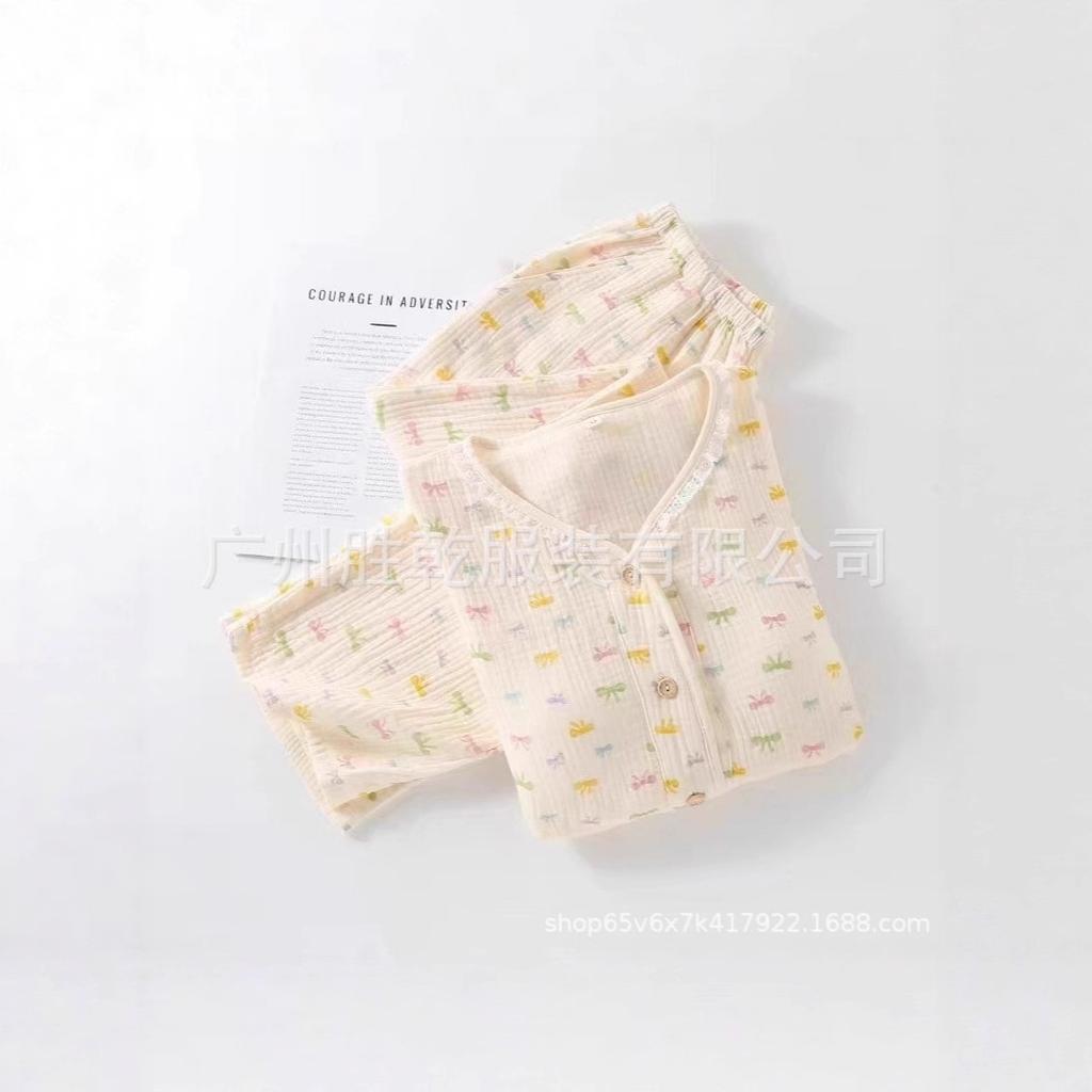 New pajamas women's pure cotton gauze double-layer crepe thin long-sleeved spring and autumn summer collarless cotton loungewear set
