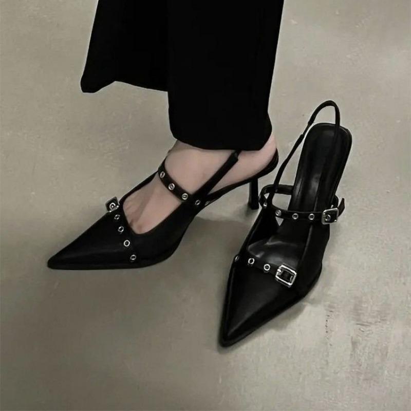 Fashion Women's Silver Buckle Slingback High Heels Pointed 2024 Summer Thin Heel Leather Shoes for Woman Elegant Party Mary Jane Pumps